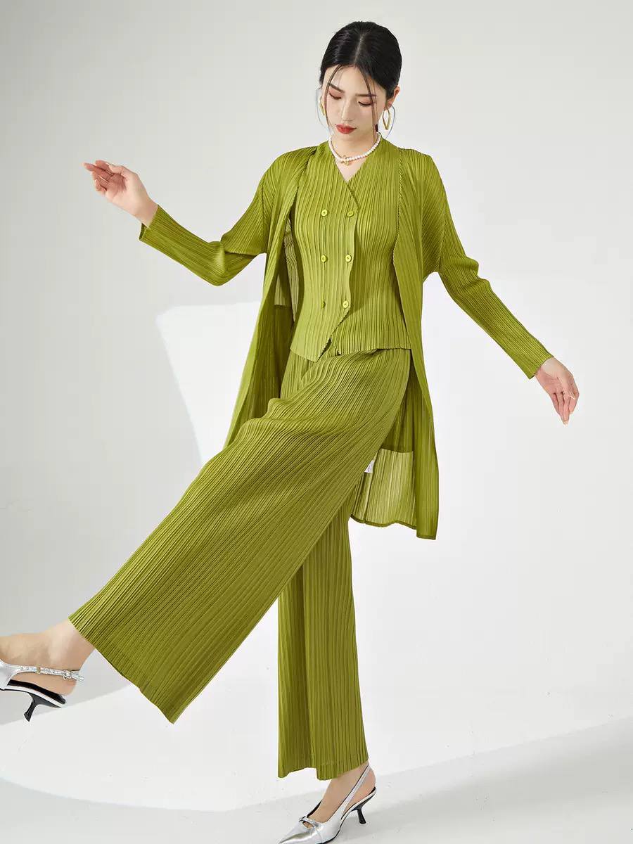 Women's Pleated Cardigan Vest Wide Leg Trousers Matching Set