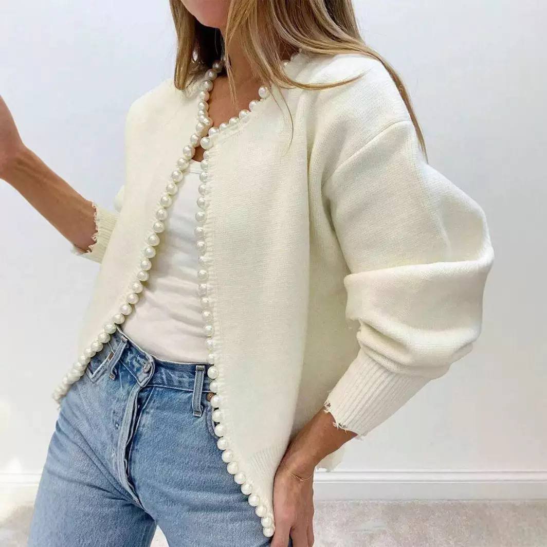 Women's Pearl Trim Open Front Knit Cardigan Long Sleeve