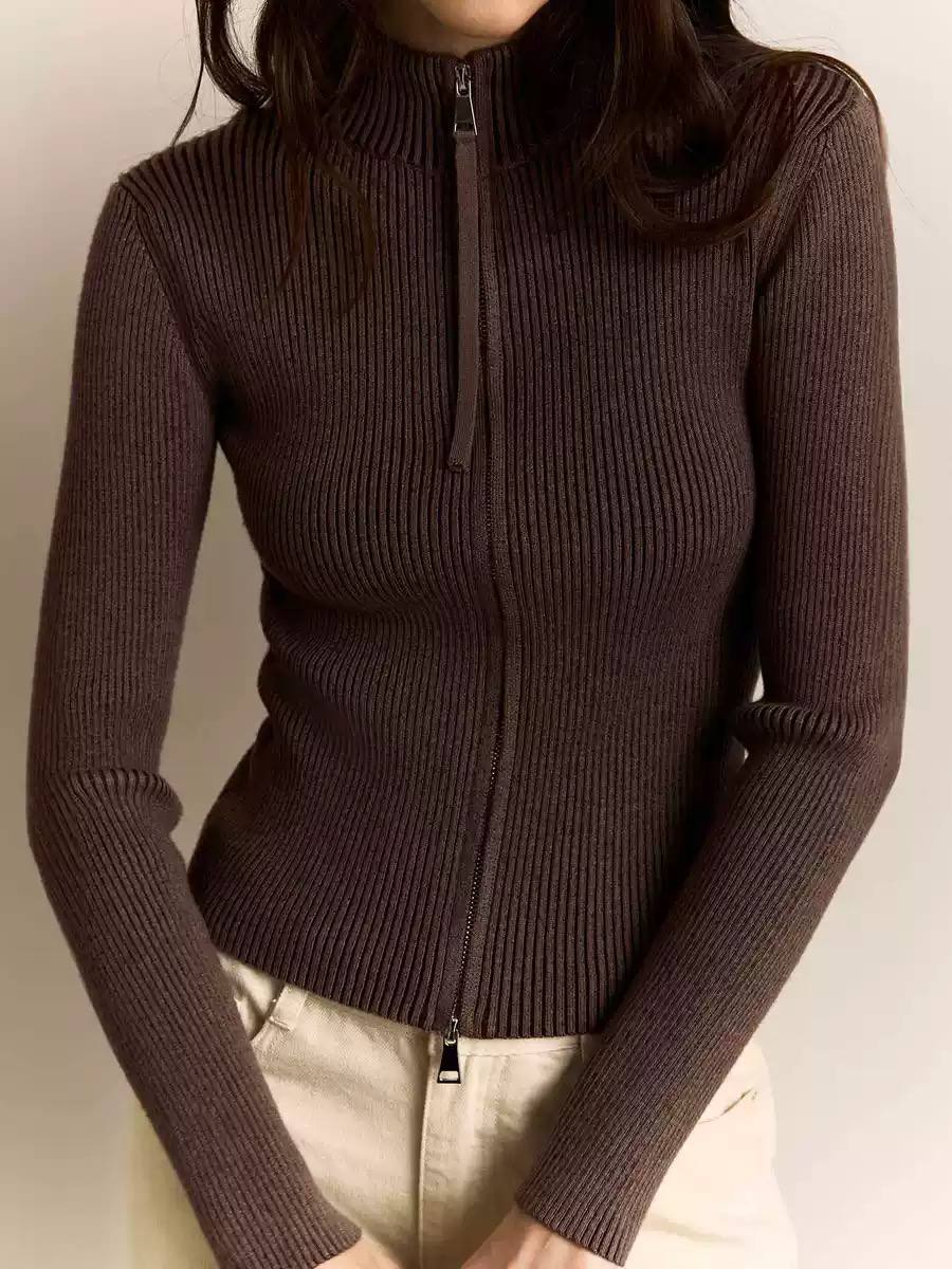 Women's Ribbed Zip Up Knit Cardigan