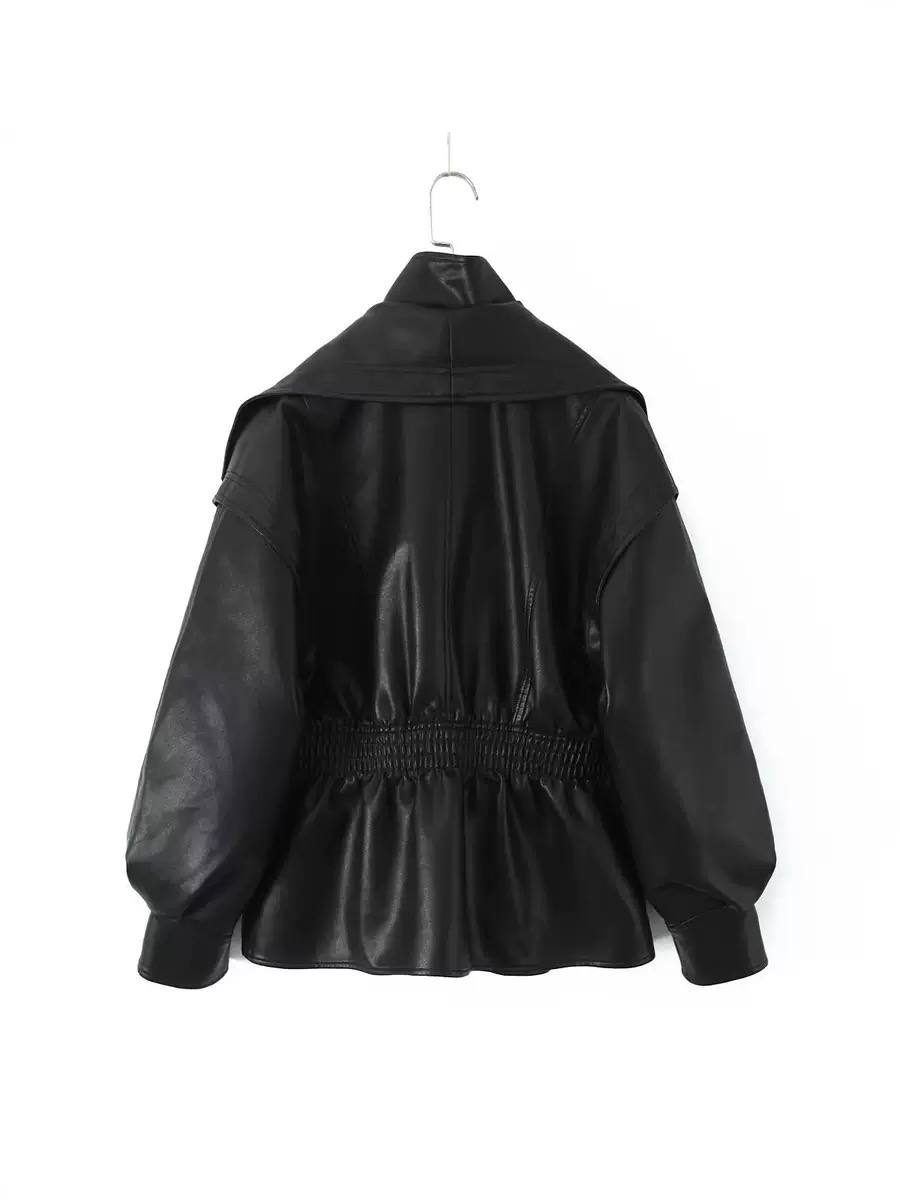 Leather Jacket Wide Lapel Collar, Zip Front, Elasticated Waist & Long Sleeves
