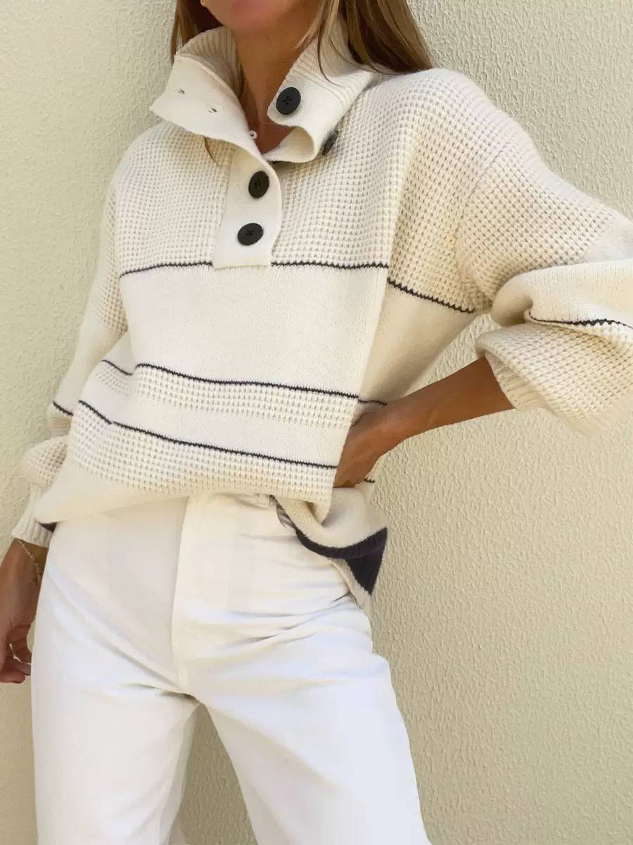 Knit Striped Texture Polo Sweater – Collared Neck, Button Front, Long Sleeves & Detail