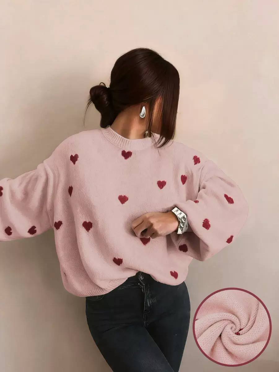 Heart Knit Sweater – Long Sleeve Crew Neck Jumper with Relaxed Fit