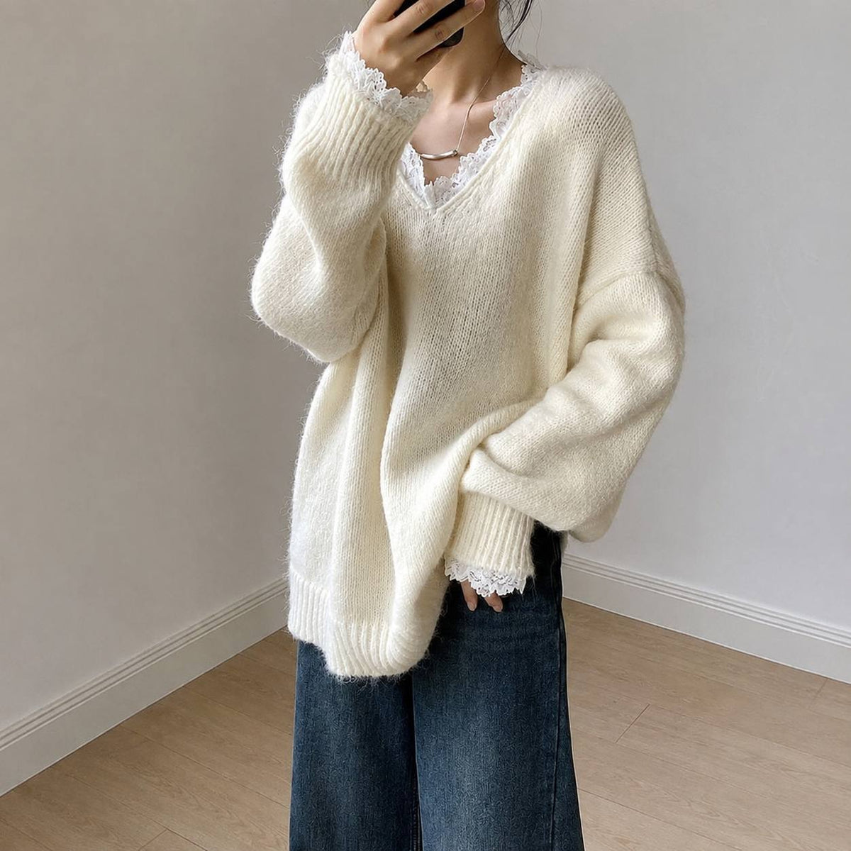 V-Neck Knit Sweater with Lace Trim – Cotton Oversized Sweater