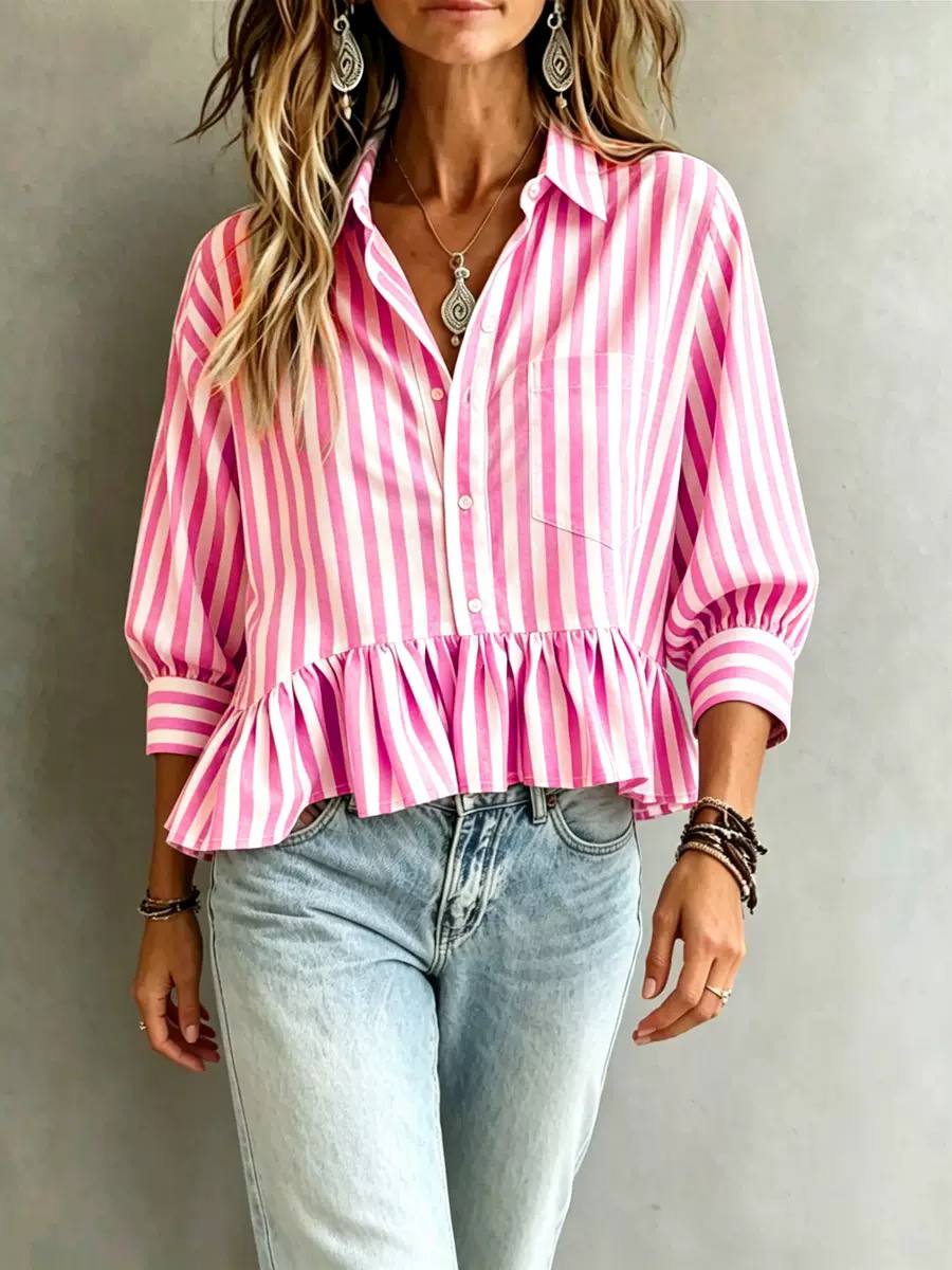 Women's Striped Ruffle Hem Peplum Blouse