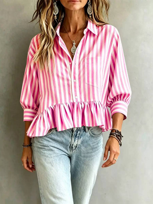 Women's Striped Ruffle Hem Peplum Blouse