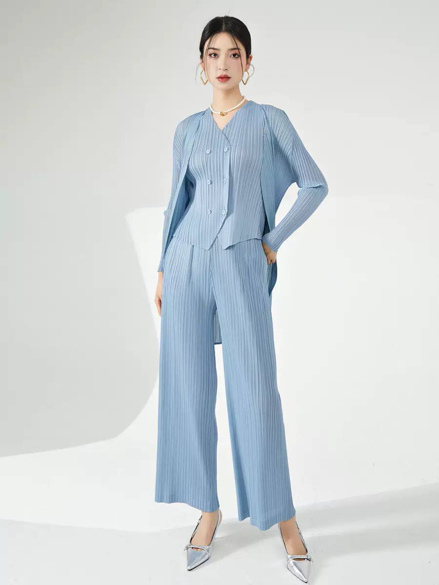 Women's Pleated Cardigan Vest Wide Leg Trousers Matching Set