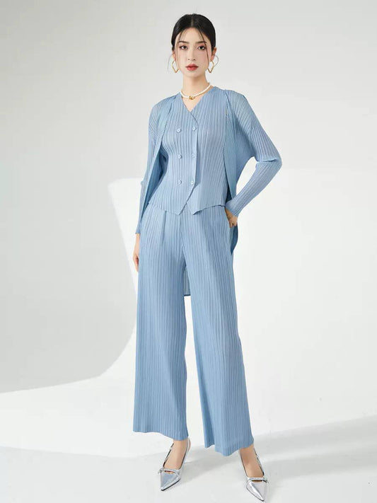 Women's Pleated Cardigan Vest Wide Leg Trousers Matching Set