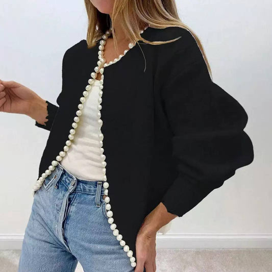 Women's Pearl Trim Open Front Knit Cardigan Long Sleeve