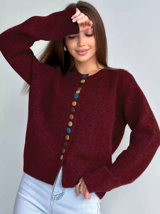 Women's Round Neck Button Up Knit Cardigan