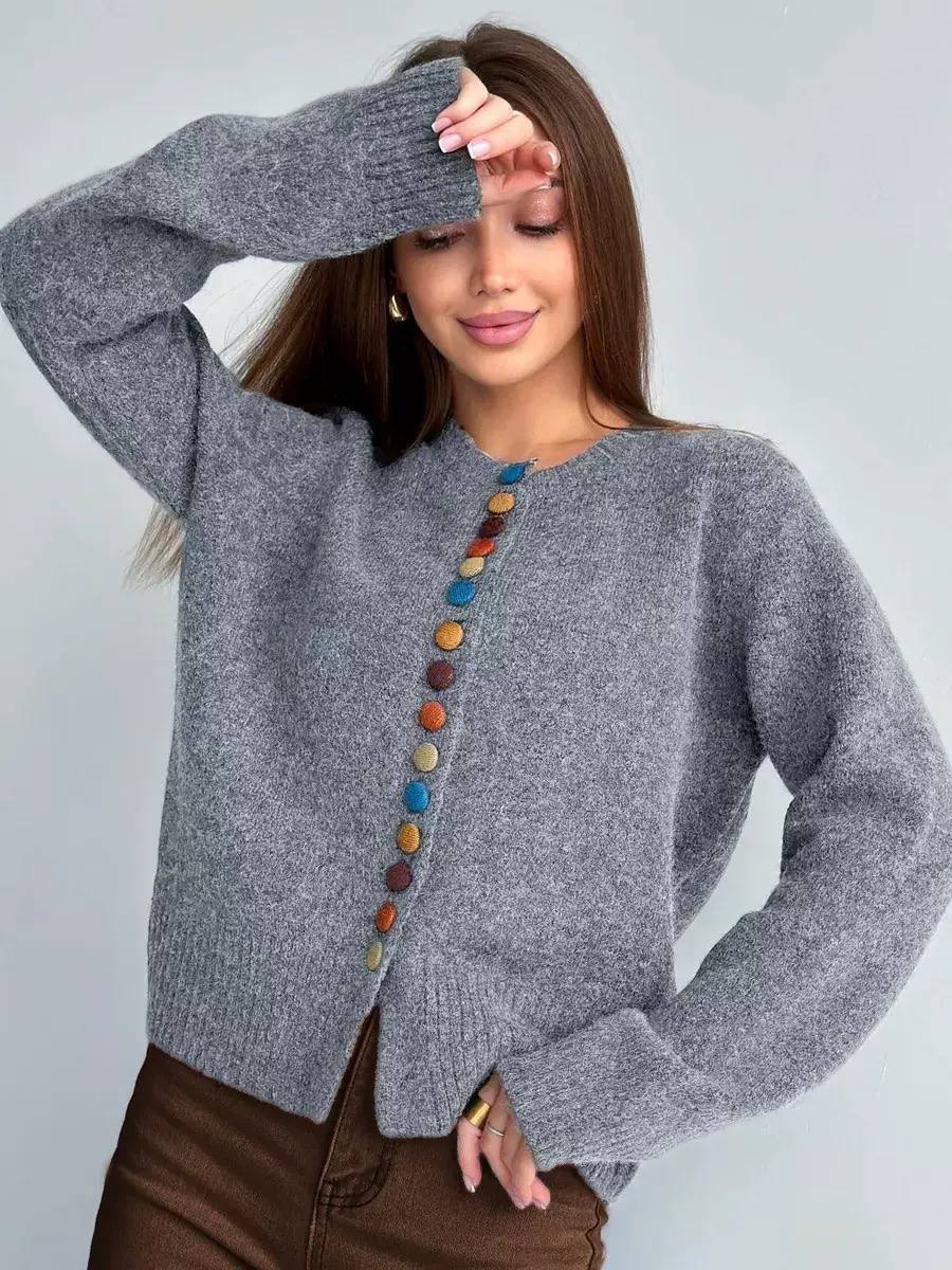 Women's Round Neck Button Up Knit Cardigan