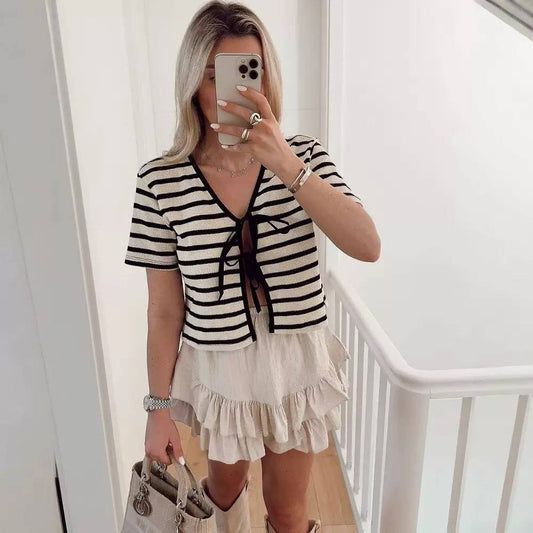 Women's Striped Tie Front Knit Cardigan