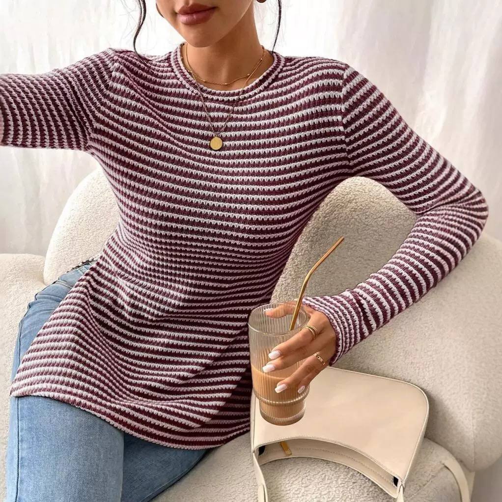 Women's Striped Rib Knit Waisted Sweater