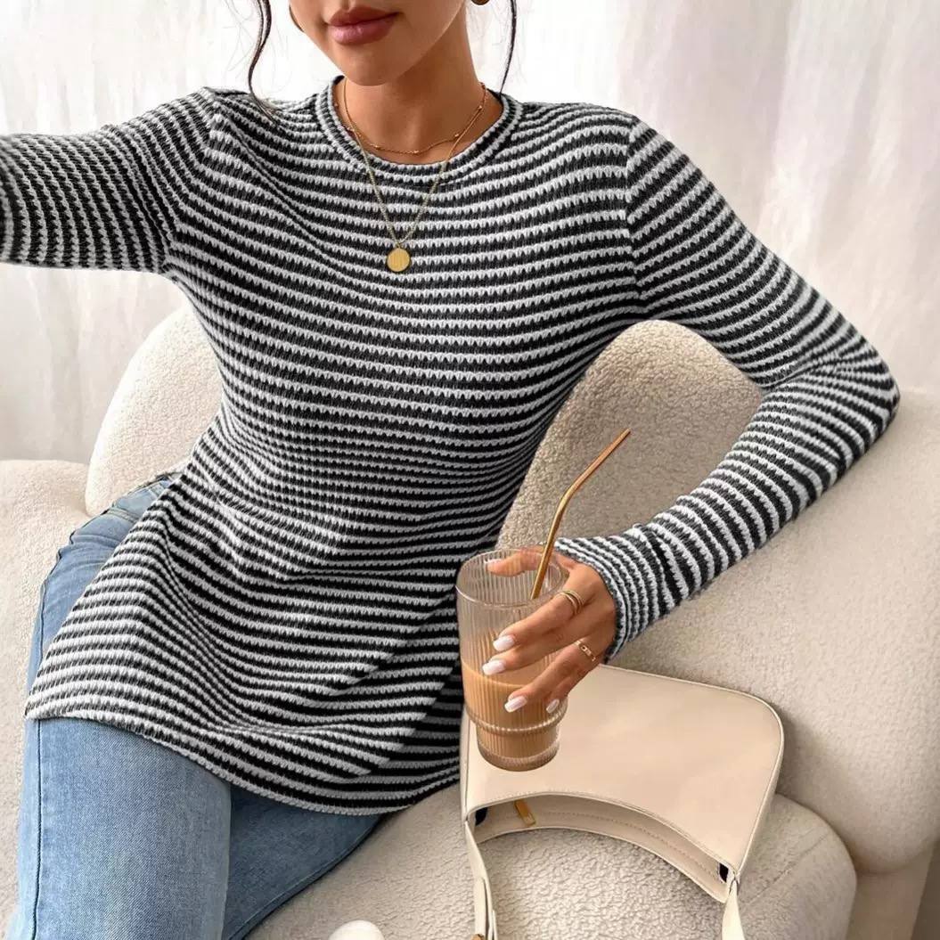 Women's Striped Rib Knit Waisted Sweater