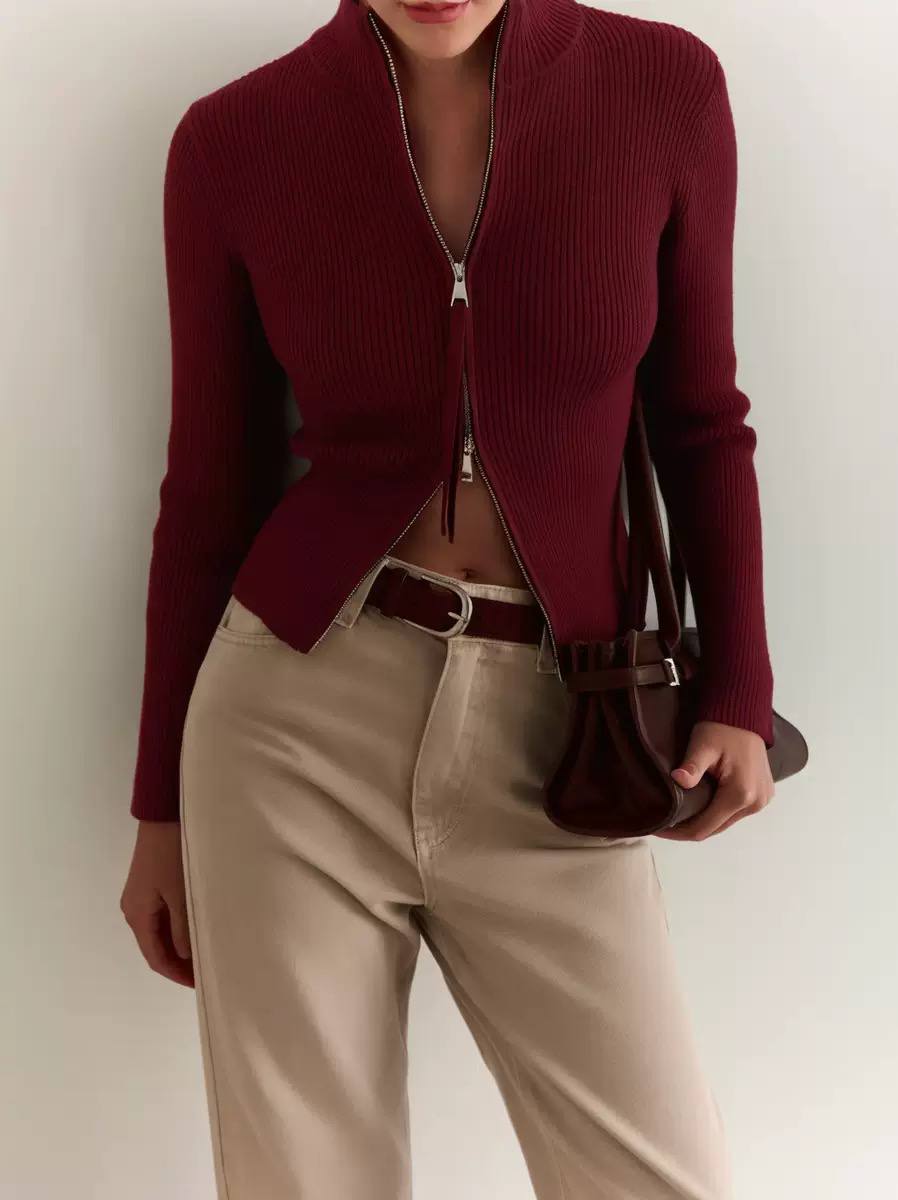 Women's Ribbed Zip Up Knit Cardigan