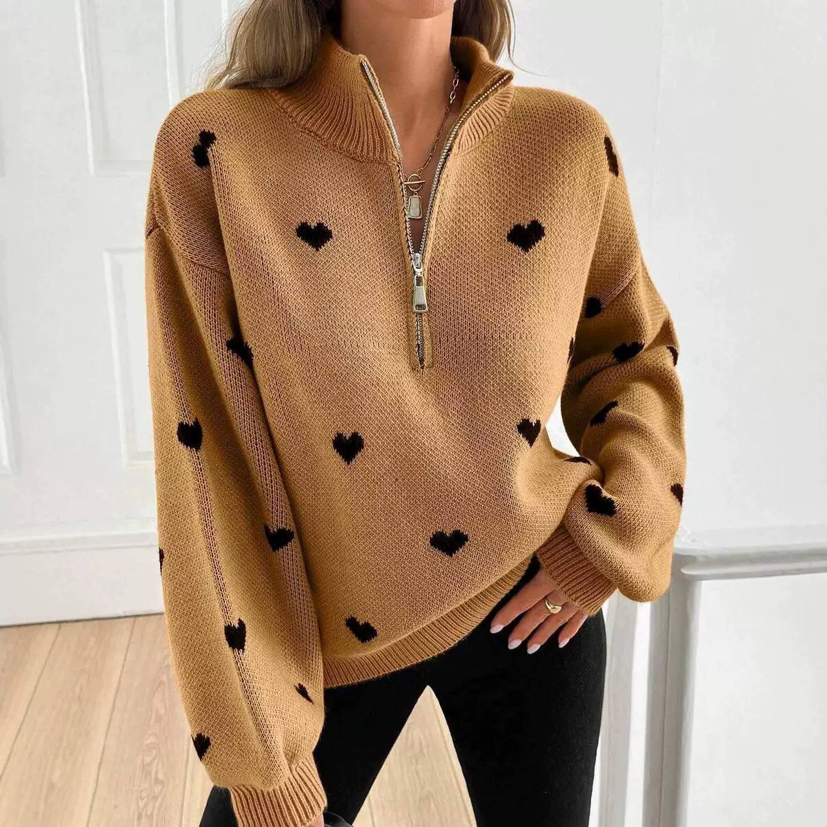 Women's Heart Print Quarter Zip Sweater