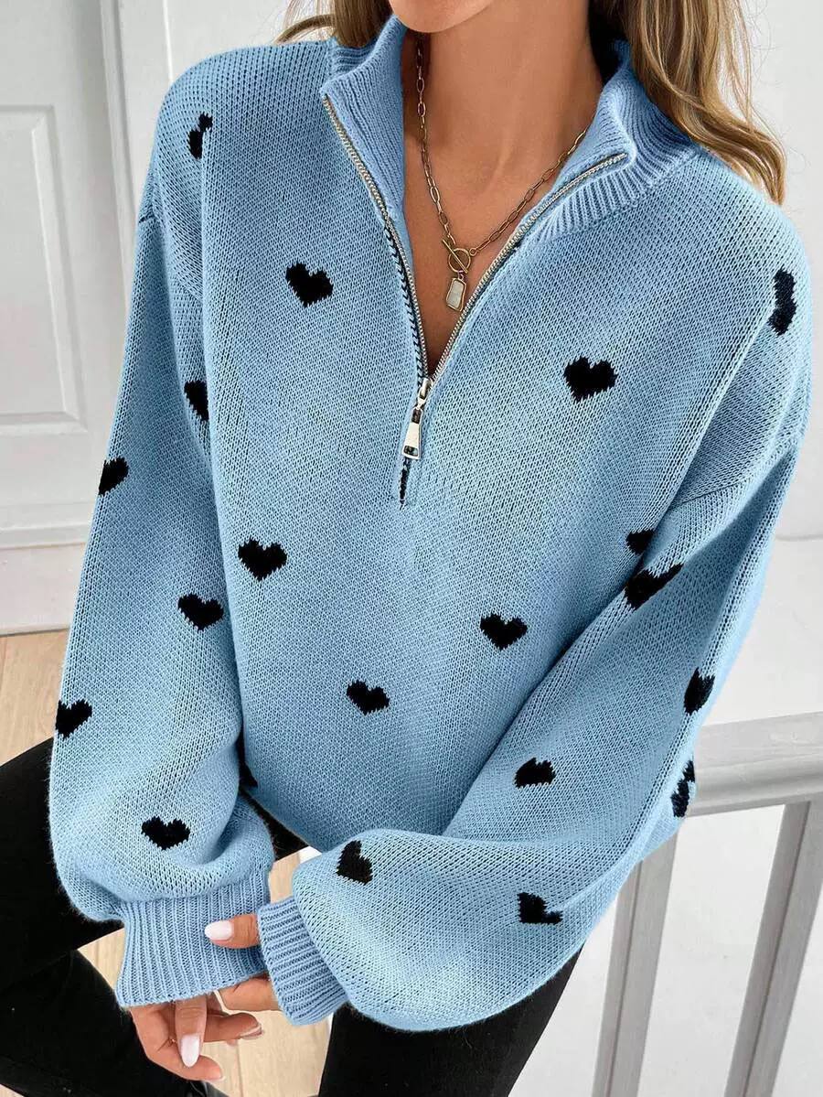 Women's Heart Print Quarter Zip Sweater