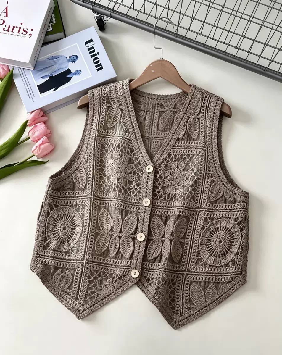Women's Floral Crochet Button Vest