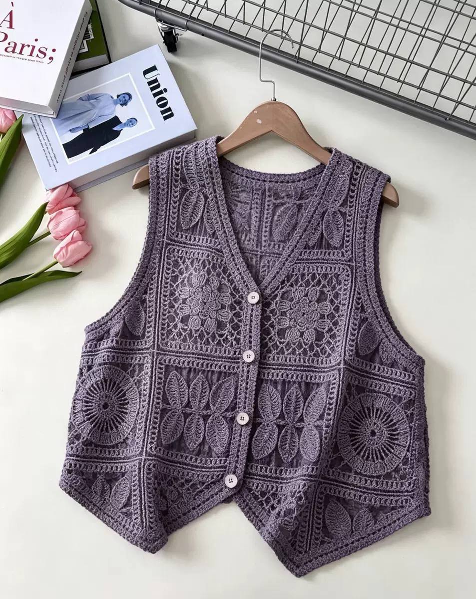 Women's Floral Crochet Button Vest