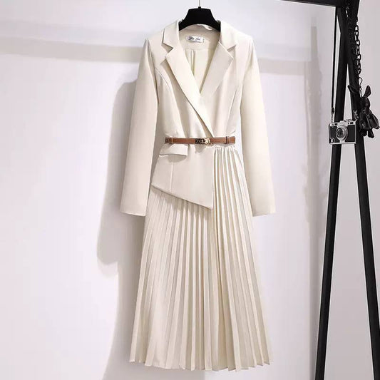 Women's Belted Pleated Blazer Skirt Set