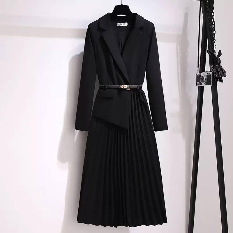 Women's Belted Pleated Blazer Skirt Set