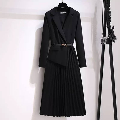 Women's Belted Pleated Blazer Skirt Set