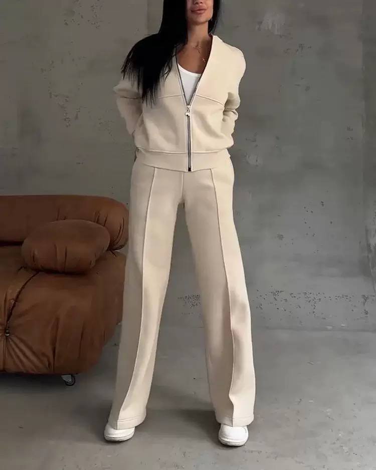 Women's Zip Up Sweatshirt Wide Leg Set
