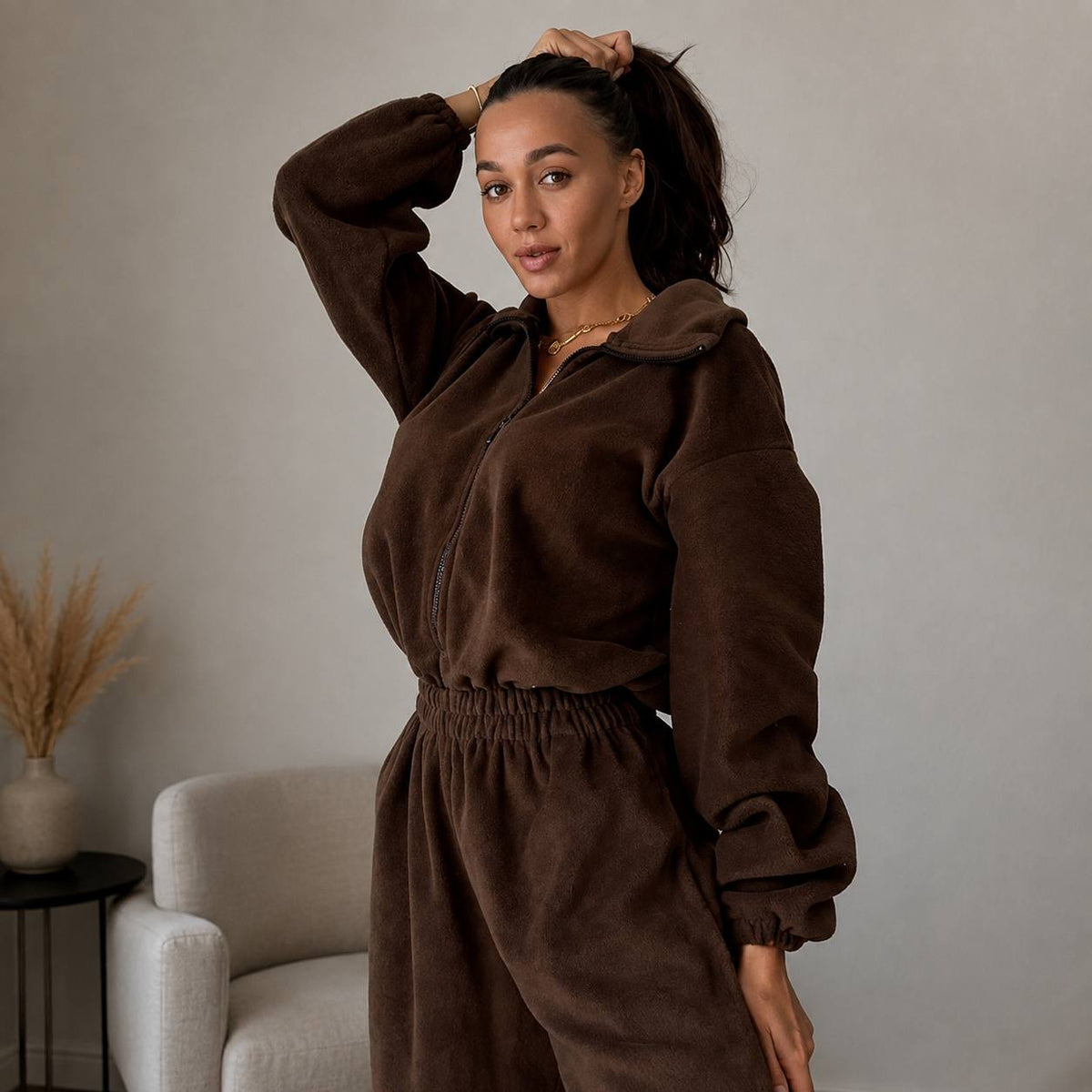 Women's Zip Front Wide Leg Fleece Jumpsuit
