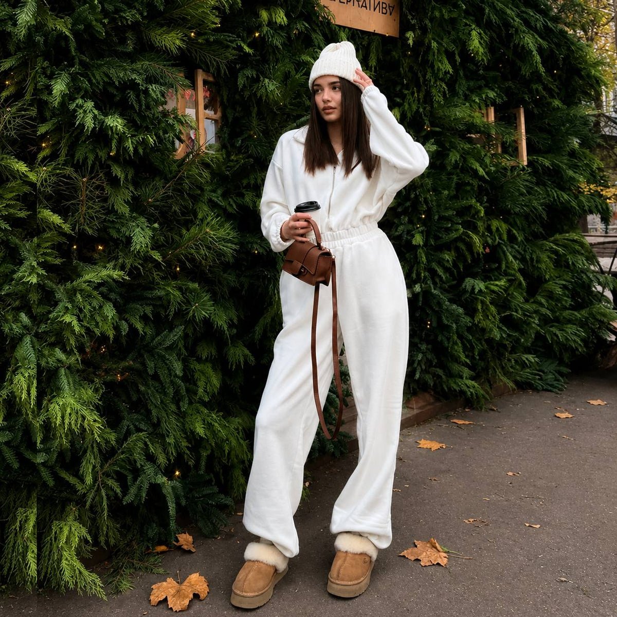 Women's Zip Front Wide Leg Fleece Jumpsuit