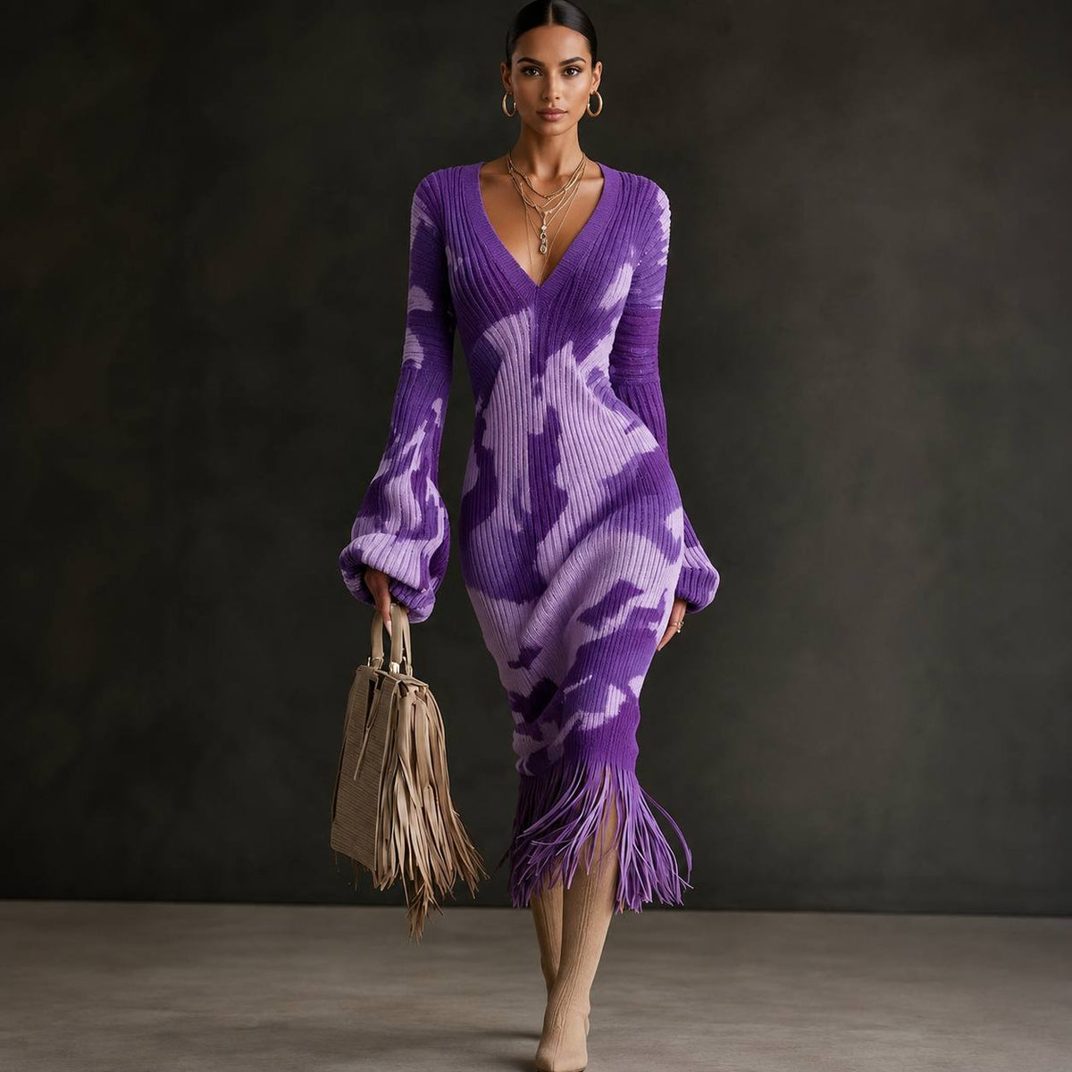 Women's Marble Print Fringe Knit Midi Dress