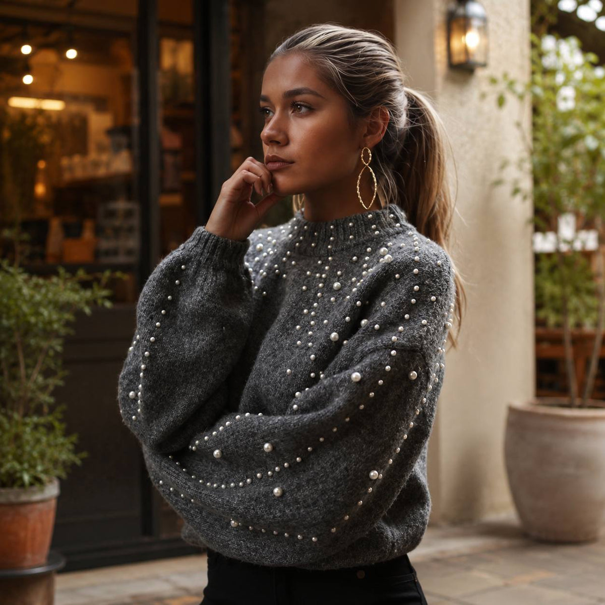 Women’s Pearl Embellished Balloon Sleeves Knit Sweater