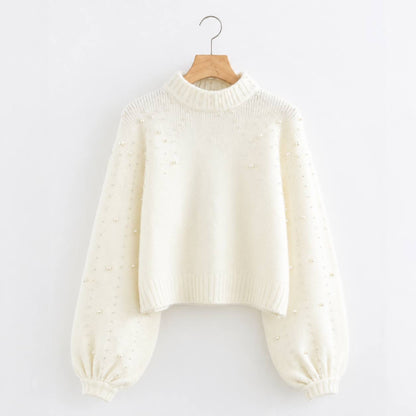 Women’s Pearl Embellished Balloon Sleeves Knit Sweater