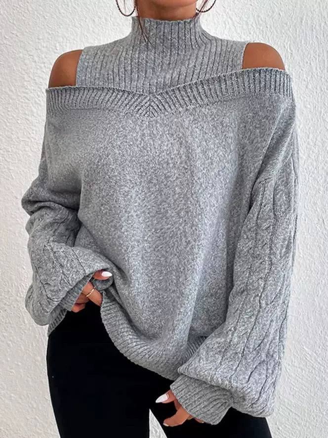 Women’s Off-Shoulder High Neck Cable Knit Sweater