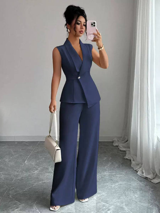 Women’s Sleeveless Tailored Blazer & Wide-Leg Trousers Suit Set