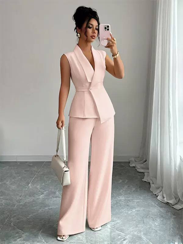 Women’s Sleeveless Tailored Blazer & Wide-Leg Trousers Suit Set