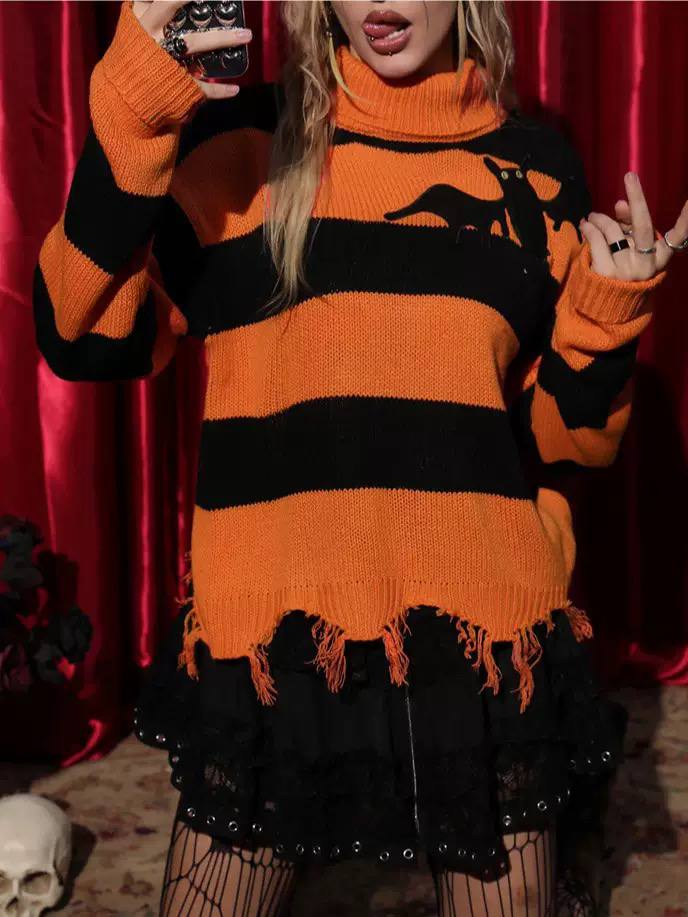 Halloween Striped Knit Sweater Bat Graphic Detail