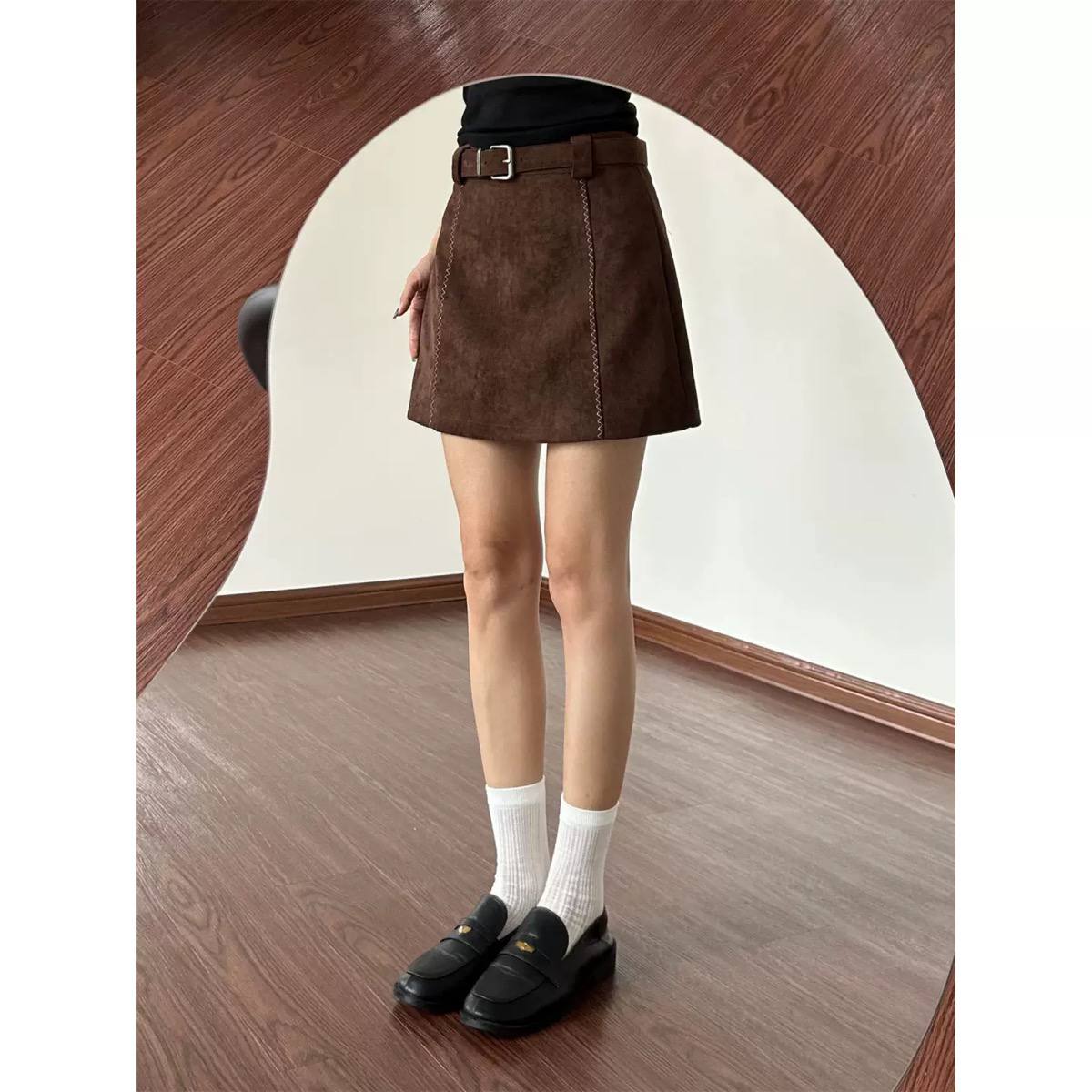 Suede Mini Skirt High Waist, Belted Design & A-Line Fit
