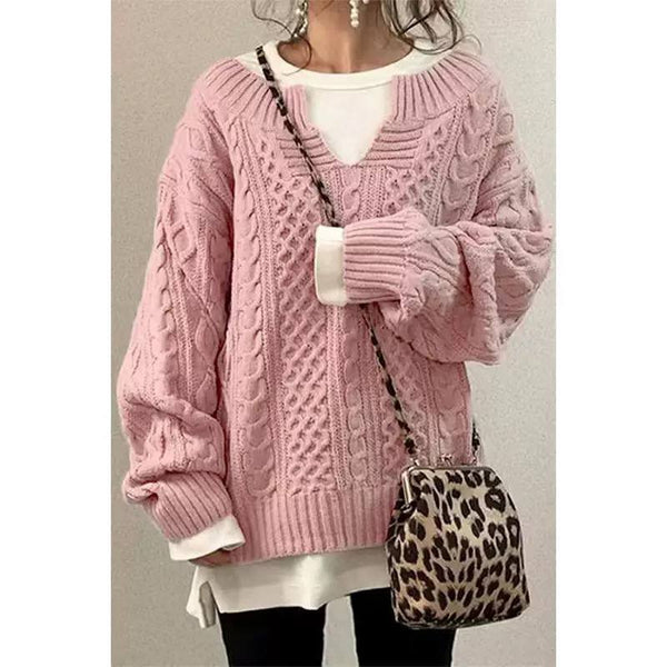 Cable Knit Sweater V-Neck, Long Sleeves, Chunky Braided Knit & Relaxed Fit