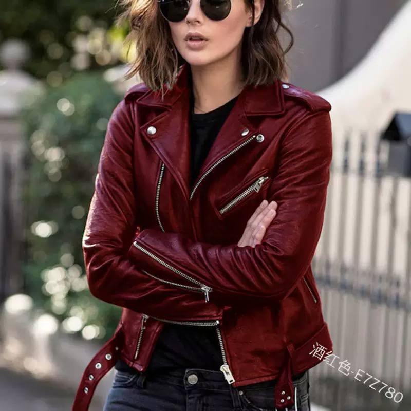 Leather Biker Jacket Zip Front, Notched Lapel Collar & Multiple Zipper Pockets