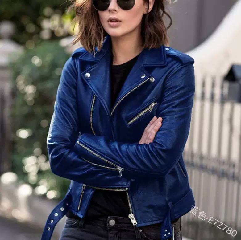 Leather Biker Jacket Zip Front, Notched Lapel Collar & Multiple Zipper Pockets