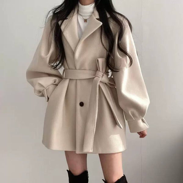 Belted Coat Double-Breasted Front, Wide Lapel Collar, Long Sleeves & Flared Short Fit