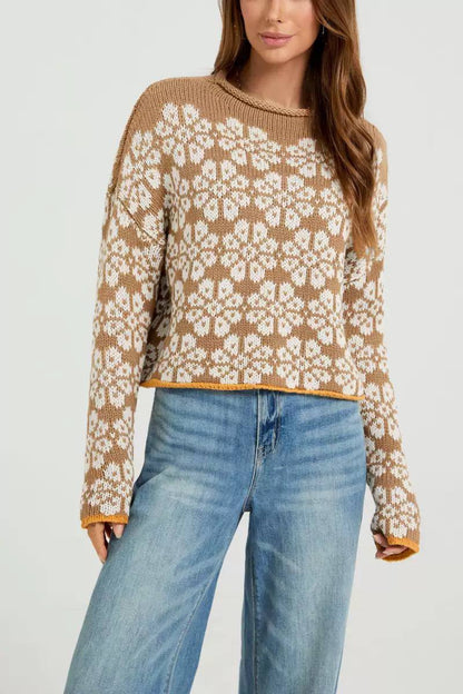 Floral Knit Sweater – Long Sleeve, Crew Neck & Relaxed Fit