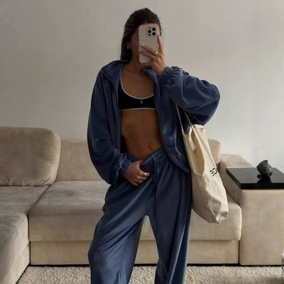 Velvet Tracksuit Set – Zip-Up Hoodie Jacket & Wide-Leg Jogger Pants, Relaxed Fit