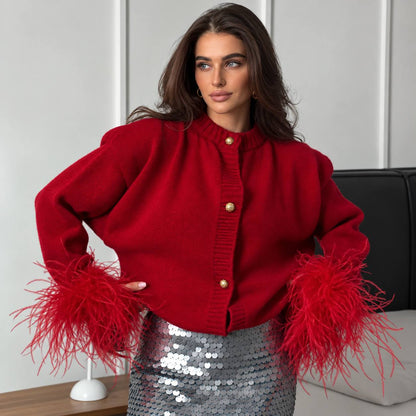 Button Front Knit Cardigan Feather-Trim Cuffs