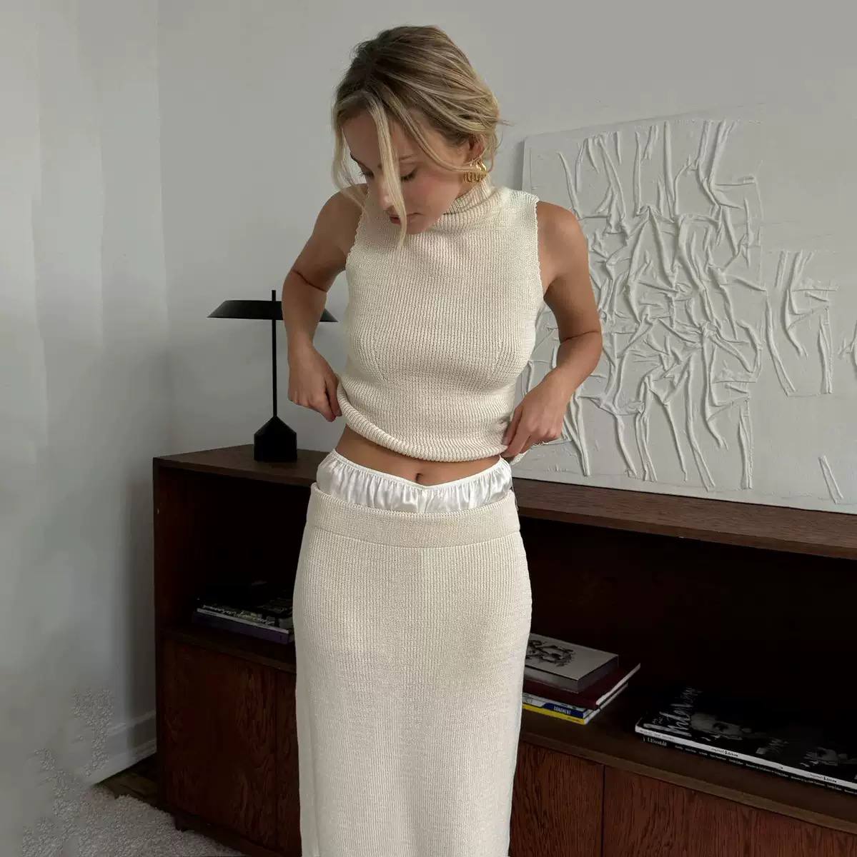 Sleeveless Mock Neck Knit Top & Maxi Skirt Set