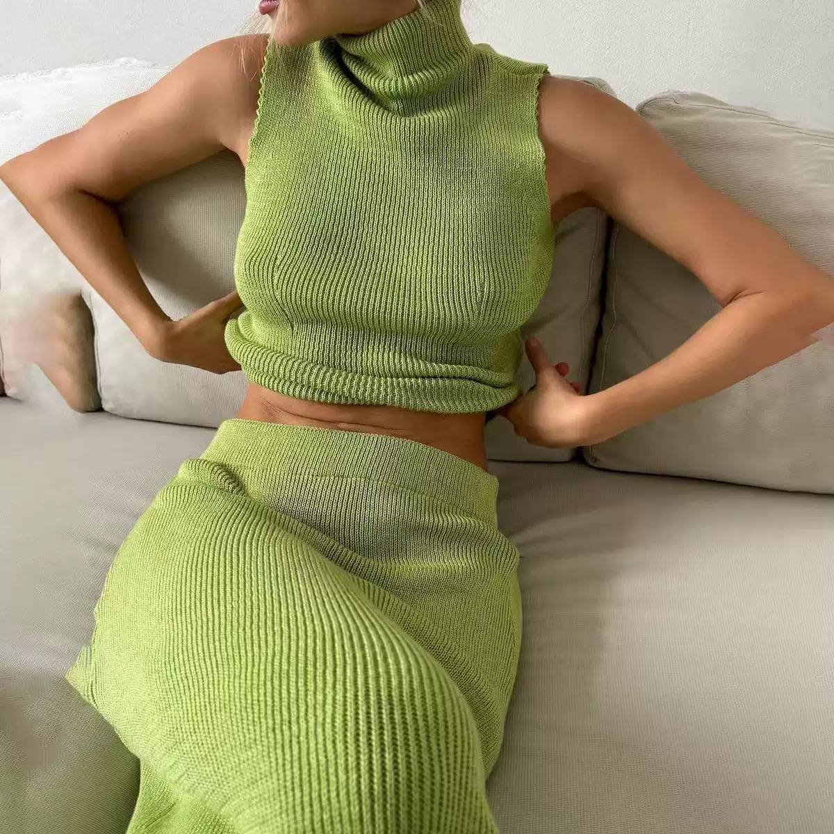 Sleeveless Mock Neck Knit Top & Maxi Skirt Set