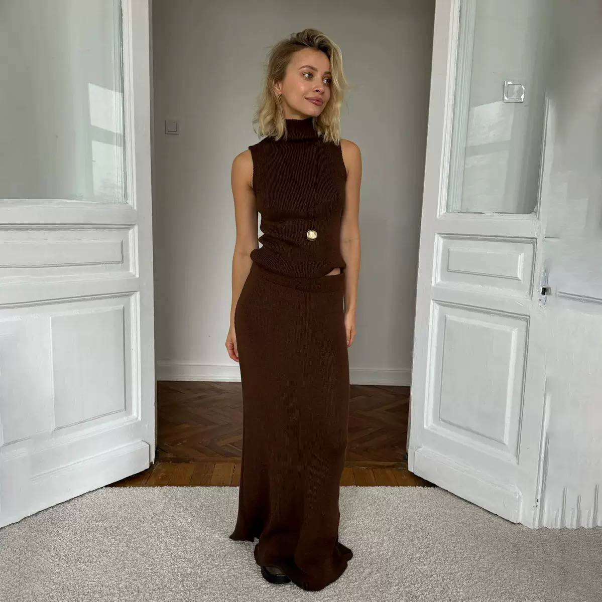 Sleeveless Mock Neck Knit Top & Maxi Skirt Set