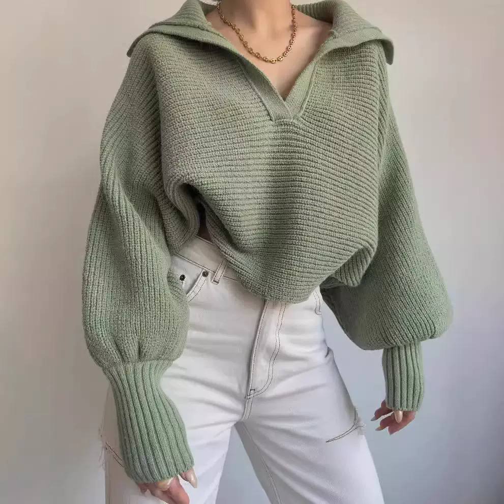 Knit Sweater – Long Sleeve Ribbed Pullover with Relaxed Fit and V-Neck Collar