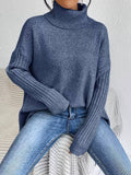 Oversized Turtleneck Knit Sweater Asymmetric Hem & Relaxed Fit