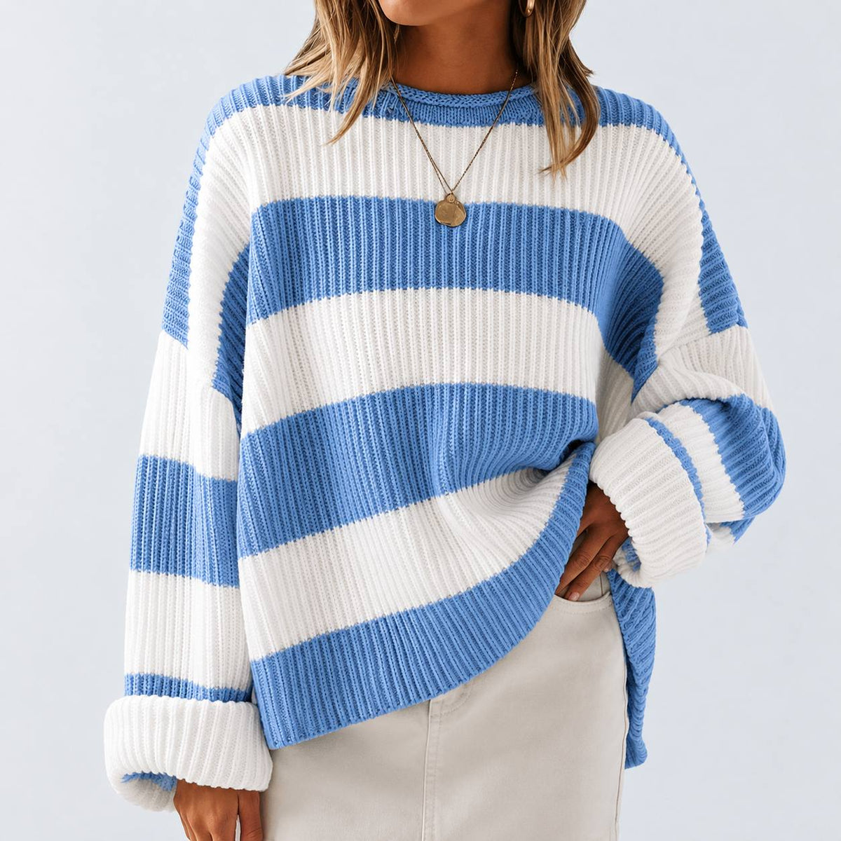 Striped Knit Sweater –  Crew Neck Relaxed Fit Jumper with Colour Block Pattern