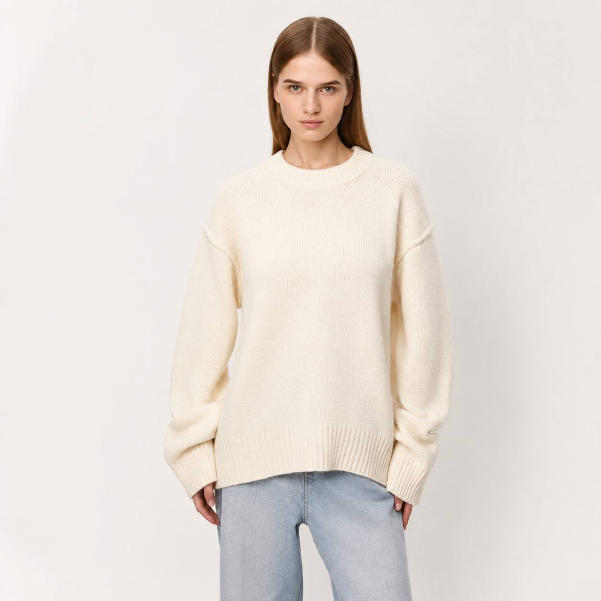 Oversized Knit Sweater –  Crew Neck Relaxed Fit Jumper with Ribbed Cuffs and Hem
